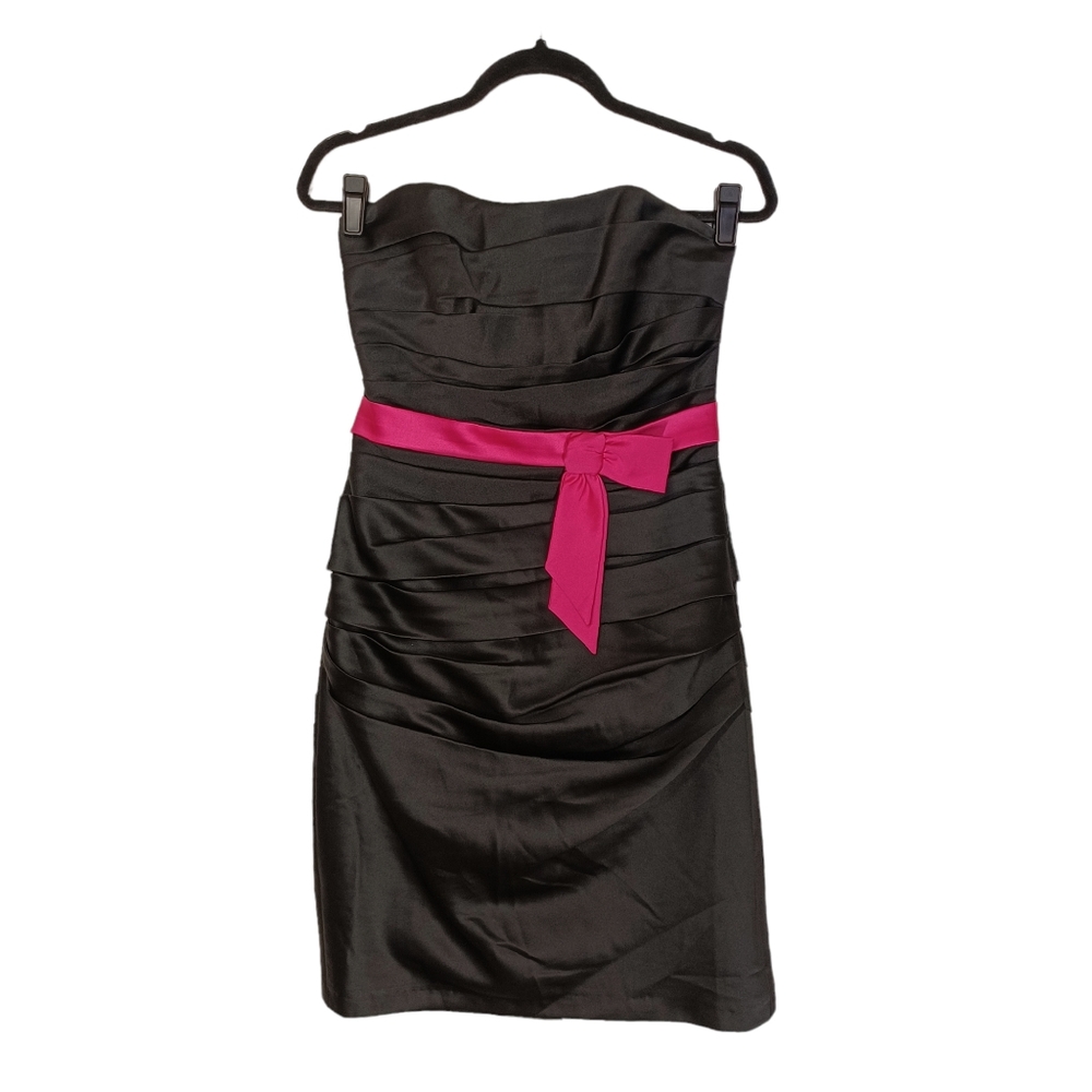 ALFRED ANGELO Satin Pink Black Ruched Strapless Formal Cocktail Dress 4 Small